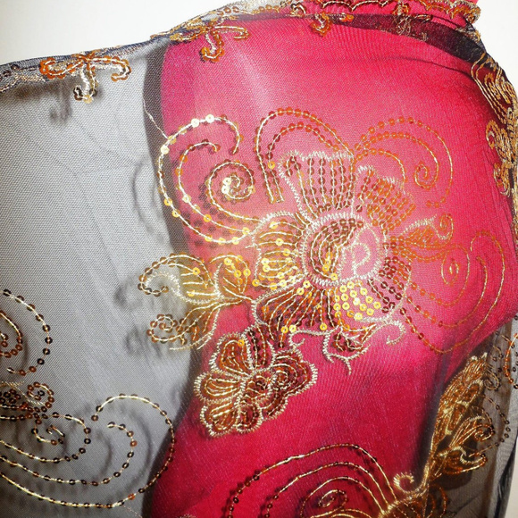 Shawl Sequin Lace Black Gold Sheer Long Fringe Special Occasion Evening Wrap - Picture 2 of 5